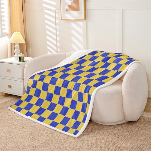 Image of Erosebridal Geometric Plaid Sherpa Blanket Queen 90 inchX90 inch Yellow Blue Brown Checkerboard Fleece Bed Blanket for Kids Boys Teen Adults,Checkered Grid Throw Blanket Modern Aesthetic Fuzzy Blanket