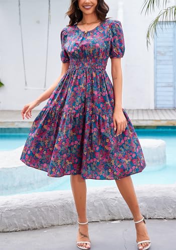Image of Kormei Women Summer Casual Boho Floral Round Neck Short Sleeve Smocked Waist Tiered Flowy Swing Midi Dress