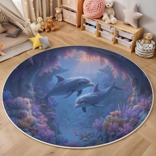 GDJSMIN Tappeto Salotto Rotondo Grande Pelo Corto, Delfini Pesci Elementi Corallini Grandi Antiscivolo Tondo Moquette, Soggiorno Bambini Camera,Cucina,Bagno,Domestica Decor Tappeti (60Cm,Blu)