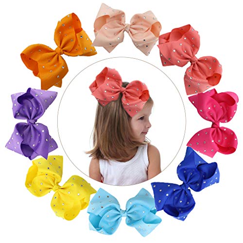 CHLONG 8" Hand-made Butique Ribbon Hair Bow Large Hair Clips for Girls Teens Kids 8pcs(Rhinestone)