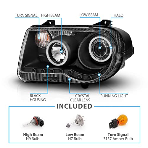 Amerilite For 2005-2010 Chrysler 300C Black Replacement Headlight Assembly Halogen Projector Extreme Dual Led Halo W/Bulb Pair - Passenger & Driver Side #TOP3