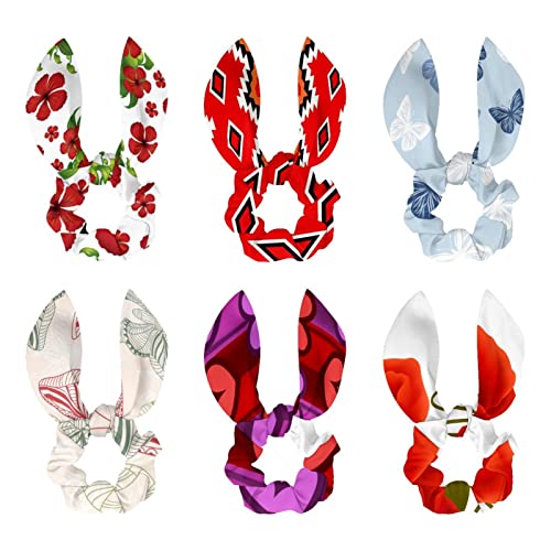 Chouchous en velours motif coquelicot : lot de 6 élastiques à cheveux avec nœud et oreilles de lapin