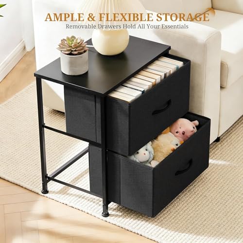 Image of Nightstand, Small 2 Drawer Dresser Side Table, Bedside Storage Furniture with Wooden Top Fabric Bins for Bedroom, Closet, Dorm, 11.8 inch D x 18 inch W x 20 inch H, Matte Black