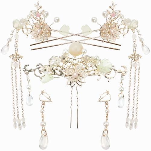 5PCS Flower Pearl Tassels Hairpin, Rhinestone Hair Clips Headpiece Vintage Chinese Hanfu Wedding Brides Hair Accessories for Women Girls Updo Long Hair