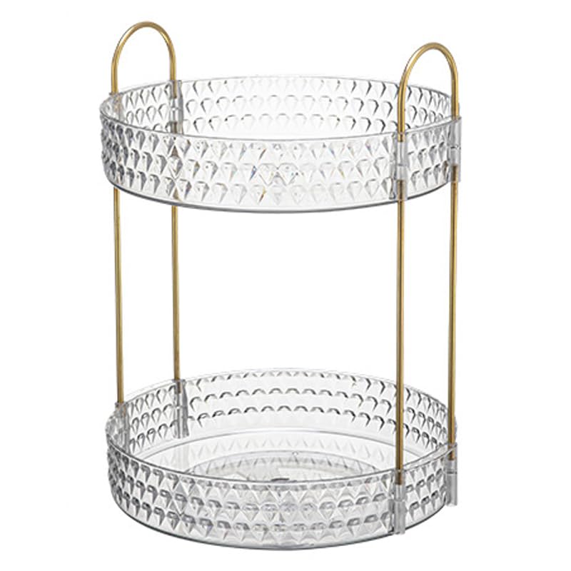 2-Tier Glass Vanity Organizer Tray with Gold Handles, Round Decorative Storage Stand for Cosmetics