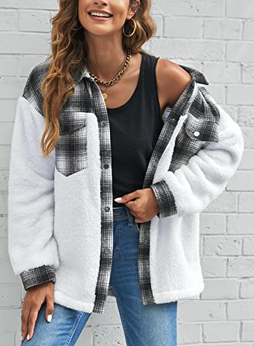 Happy Sailed Womens Sherpa Jackets Casual Long Sleeve Button Down Plaid Patchwork Fuzzy Fleece Jackets Boyfriend Style Warm Outerwear Coats Black Small #TOP3