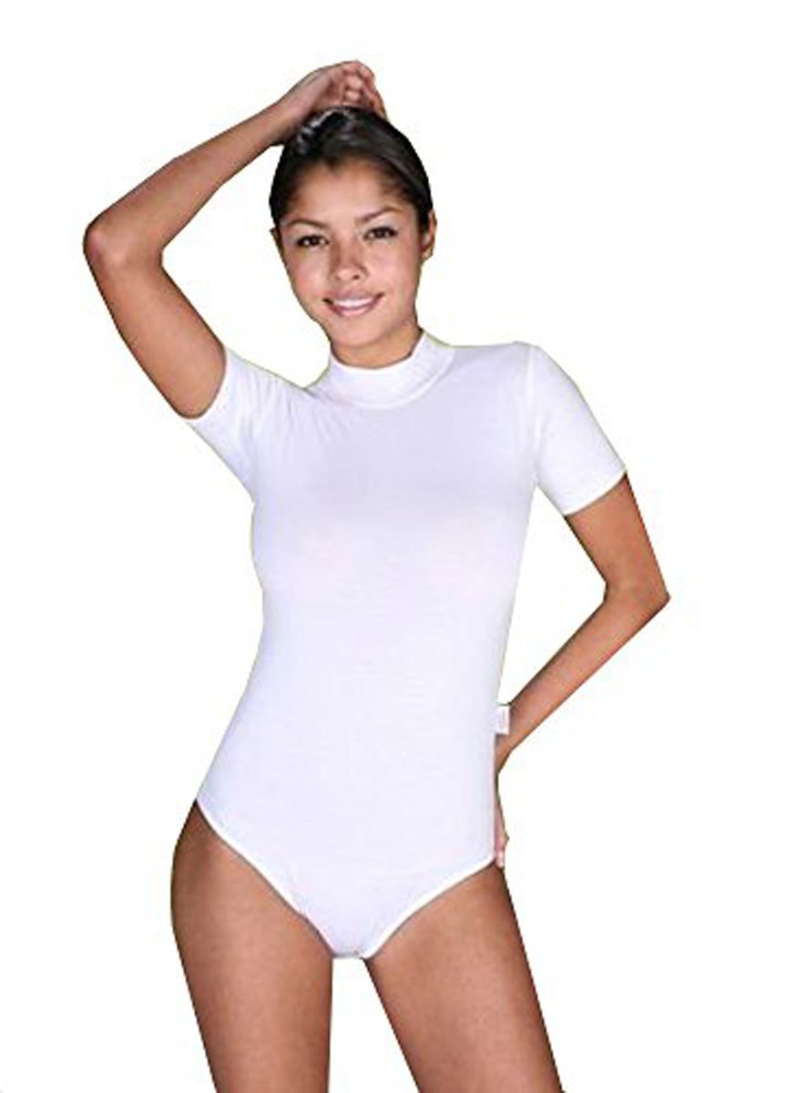 elegance1234 Ladies Cotton Turtleneck Half Sleeve Bodysuits Leotards(2346) (Small UK 10(38), White)