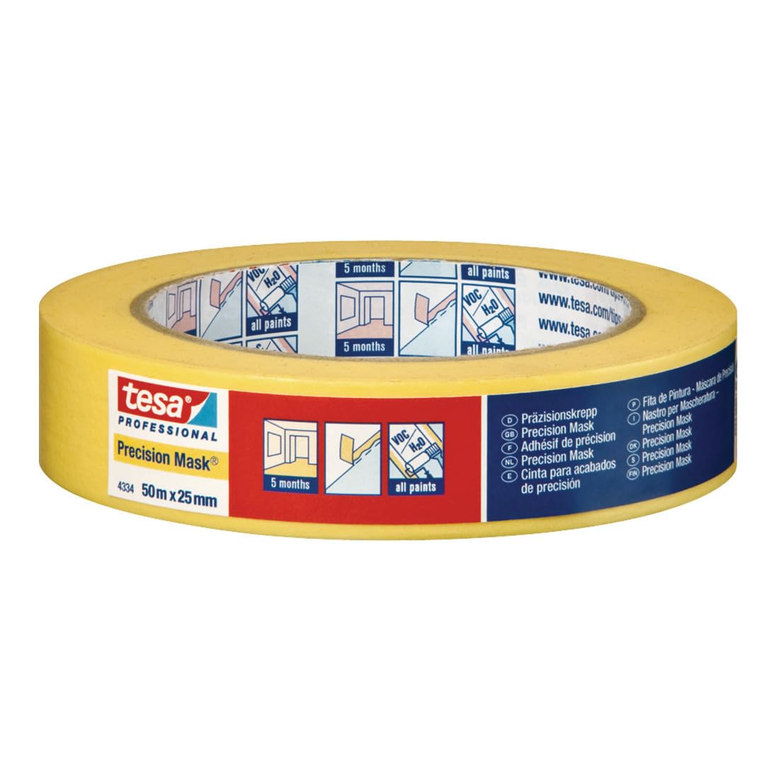 tesa Precision Masking Tape 4334 PLUS, confezione da 6, nastro professionale in carta extra sottile per mascherature precise Giallo, 50 m x 38 mm ciascuno