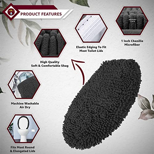LuxUrux Toilet Lid Cover, Extra-Soft Plush Seat Washable Shaggy Microfiber Standard Toilet Lid Covers for Bathroom Machine Wash & Dry. (18 x 21 inches, Black)