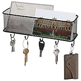 Modern Black Wall Mounted 5 Key Hook Rack with Metal Wire Mesh Mail Basket