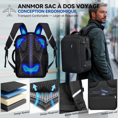 ANNMOR Sac a Dos Voyage Cabine Avion, 24L Sac a Dos Cabine Avion 40x30x20, Extensible jusqu'à 30L Conforme Air France, Ryanair, Compartiment Ordinateur 15,6 Pouces & Port USB Pour Voyages - Noir – vue 5