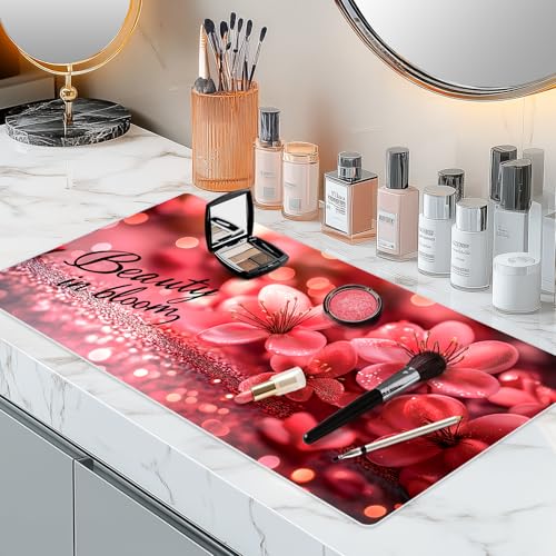 Dual-Sided Synthetic Leather Decorative Makeup Mat for Crafting, Furniture Protection, Scratch & Stain Resistant Surface Desk Pad, Waterproof Easy to Clean Vanity Protector (Floral Black)