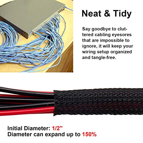 100 Feet -1/2 inch Flexible Expandable Braided Cable Sleeve, Wire Loom Sleeving and Organizer, Protector for TV, Audio, PC Cords from Pets Chewing by MILAPEAK, Black