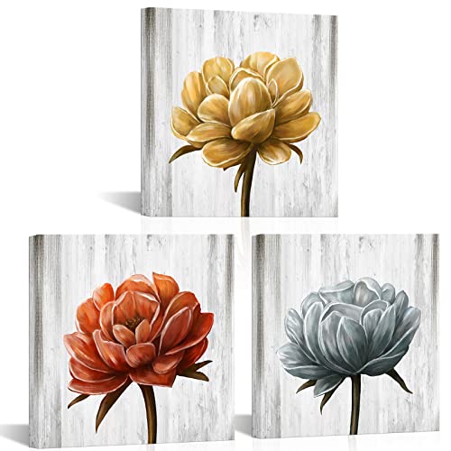 Tiuauit 3 Pieces Rustic Poppy Canvas Wall Art Colorful Flower Pictures Retro Themed Floral Painting Prints For Bedroom Bathroom Decor Stretched And Framed Ready To Hang 12"X12"X3Pcs #TOP7