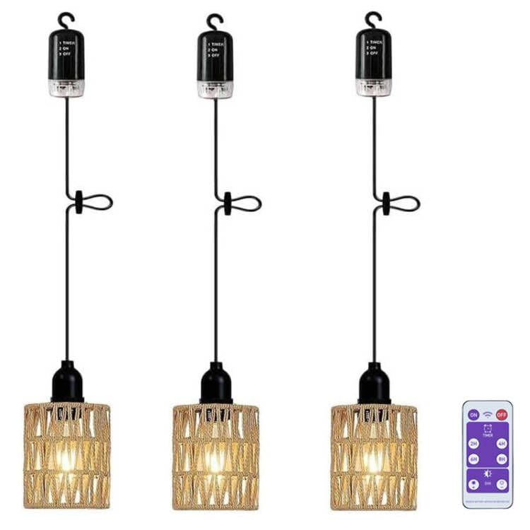3x Hängelampe mit Batterie Hängeleuchte Batteriebetriebene Tragbare Boho Rattan Lampenschirm Pendelleuchte Deckenlampe ohne Strom Wasserdicht Lampe für Schlafzimmer Weihnachten Party Deko Geschenk