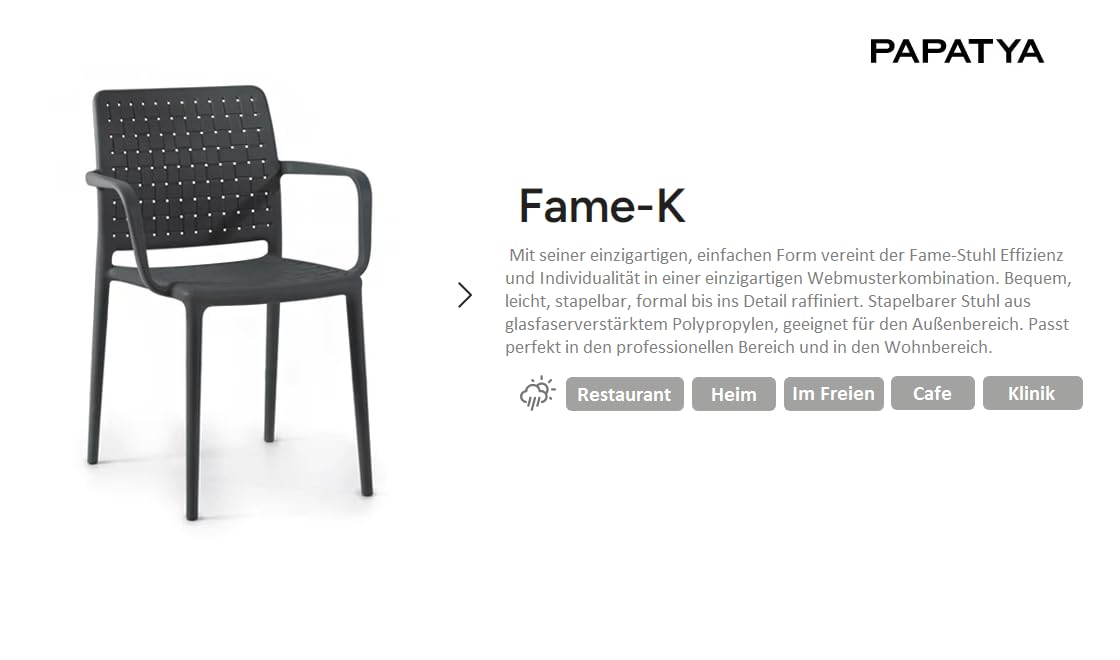 PAPATYA Fame-K Designstuhl mit Einer Belastbarkeit von 200 kg stapelbar, Terassenstuhl aus Kunststoff UV beständig, Leichter Stuhl mit Rückenlehne für Balkonstuhl aus Polypropylen (1, Rot)