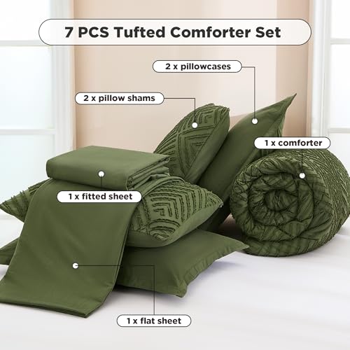 Image of Andency Super King Plus Comforter Set Olive Green - 7 Piece Bed in a Bag Oversized King, Olive Green Boho Tufted Bedding Sets, Lightweight Fluffy Bed Set with Comforter, Sheets, Pillowcases & Shams