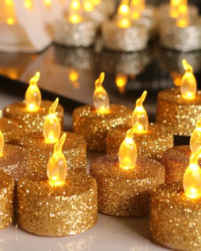 Image of 12PCS Gold Glitter Tea Lights Candles Battery Operated with Timer
