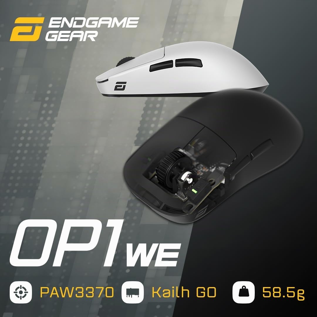 ENDGAME GEAR OP1we Wireless Gaming-Maus, CompX CX52850 Mikrocontroller, Pixart PAW3370 Optischer Sensor, Mod-freundlich, Hybrid-Skate-Design, Claw-Grip, 58,5 g, Weiß
