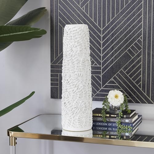 Deco 79 Ceramic Floral Embossed Vase, 6" x 6" x 21", White by deco 79 - Image 3