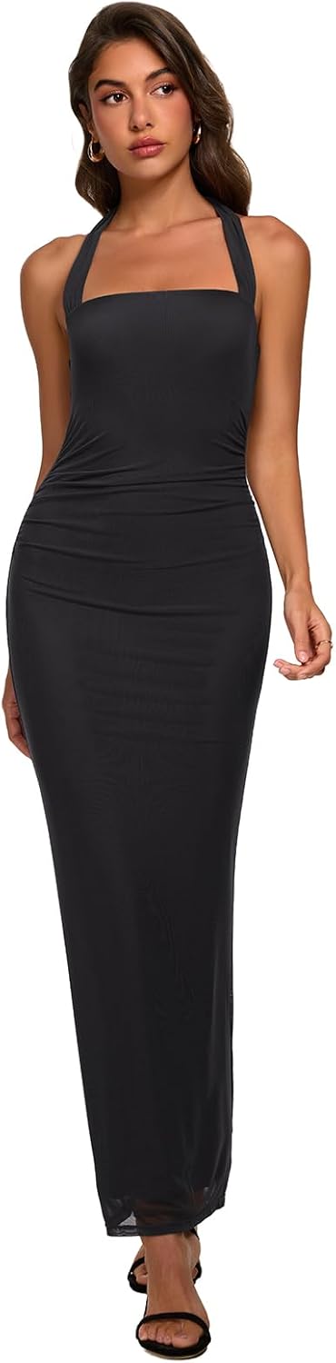 REORIA Mesh Sheer Sleeveless Wedding Guest Maxi Dresses for Women Ruched Bodycon Square Neck Halter Long Dress Summer 2026