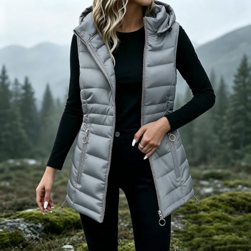 Women's Long Puffer Vest Hooded Stand Collar Zip Up Winter Quilted Jacket - image 2