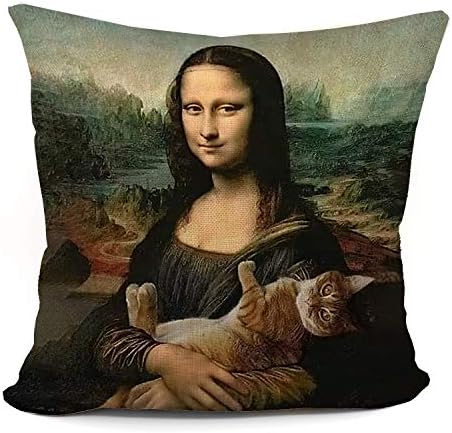 Funny Mona Lisa And Cat Throw Pillow Case, Cat Lover Gifts, Cat Mom Gifts, Funny Cat Pillow Case, Gifts Cat Aunt, Cat Lady, Cat Decor,18 x 18 Cat Art Inch Linen Cushion Cover for Sofa Couch Bed