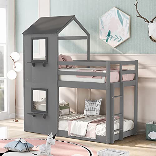 House Bunk Beds, Twin Over Twin Bunk Bed Wooden Floor Bunk Bed Frame for Kids/Teens/Girls/Boys, Gray