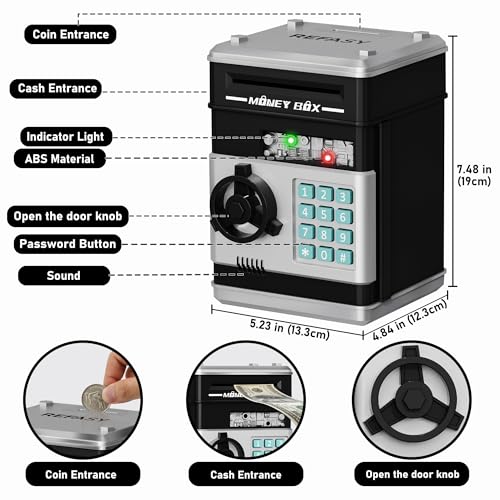 Image of Refasy Piggy Bank Cash Coin Can ATM Bank Electronic Coin Money Bank for Kids Age 3-12, Money Savings Box Mini ATM Coin Bank Toys Gifts for 3 4 5 6 7 8 9 10 11 12 Year Old Boys Girls