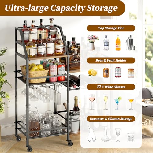 Image of VINAEMO Rolling Bar Cart with Wine Glass Holder, Bar Carts for The Home, Bar Stand for Home, Small Mini Bar for Whiskey Wine, Liquor Cart for Home Bar, Alcohol Cabinet for Bar, Kitchen, Dining Room