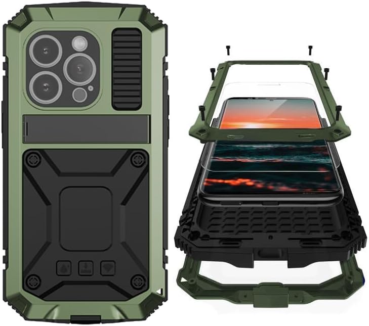 Compatible with iPhone 16 Pro Metal Case with Screen Protector Camera Protector Military Rugged Heavy Duty Shockproof Case with Metal Kickstand Full Body Tough Dustproof Case (Green) iPhone 16 Pro Green