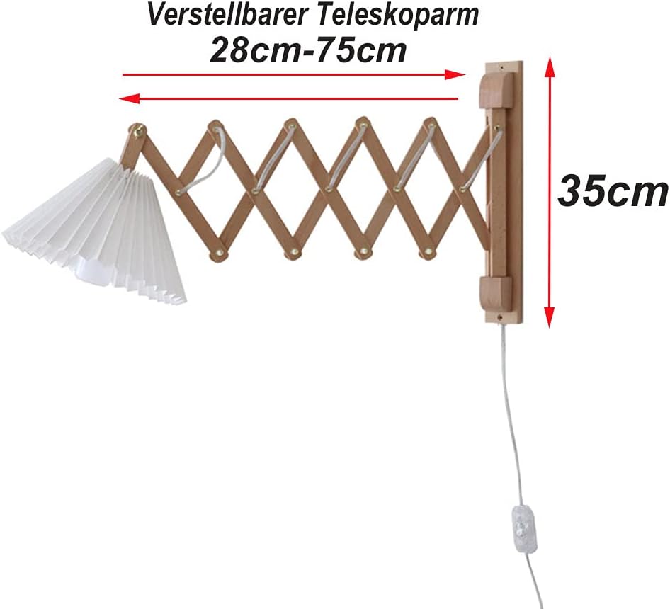 Retro Wall Light Indoor Wood Adjustable Telescopic Arm Scissor Lamp, Extendable Bedside Flexible Reading Light With Switch, Fabric Shade E27 Industrial Lighting for Bedroom
