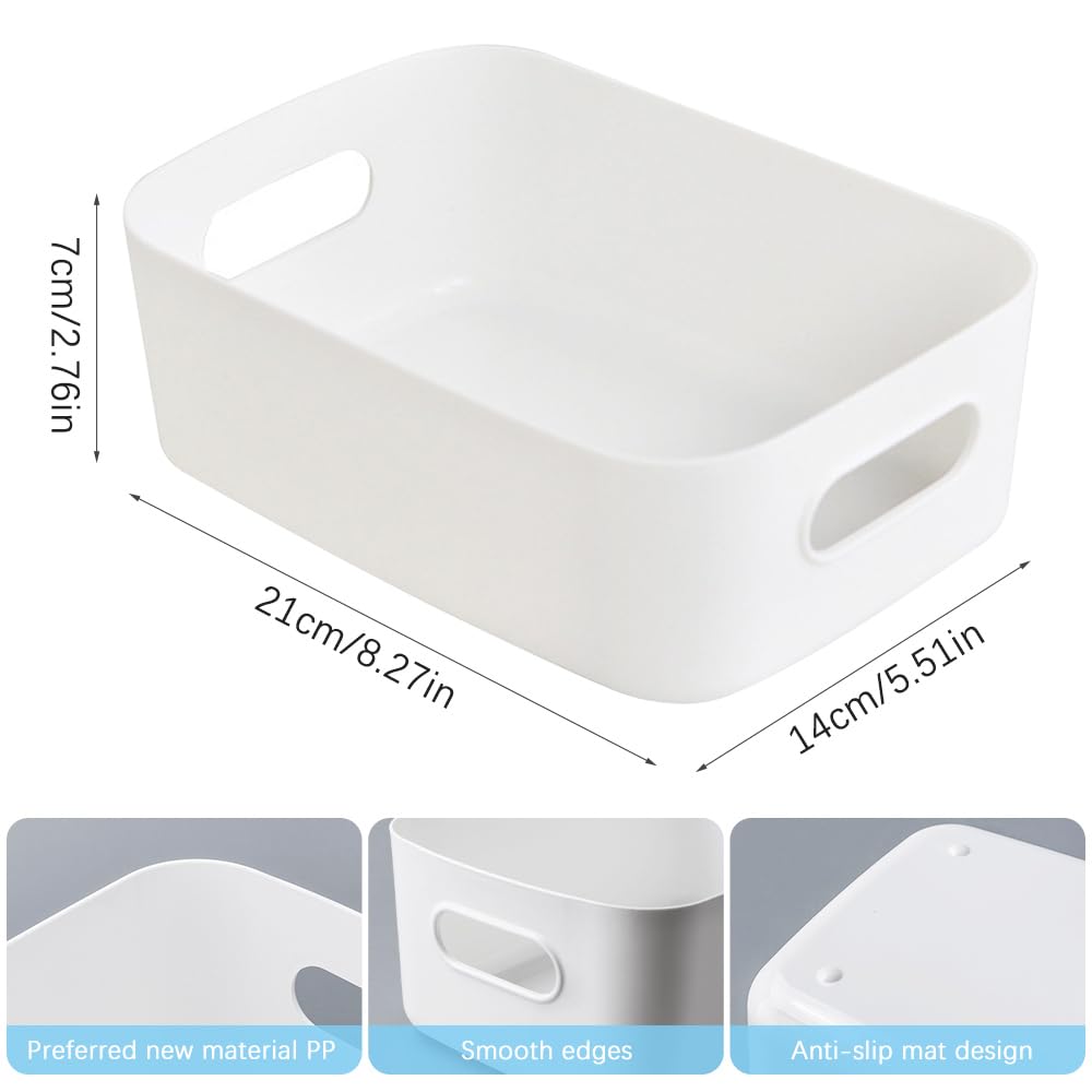 6 Piezas Cestas de Almacenaje, Cajas Organizadoras de Plástico con Asas, Cestas Almacenaje, Cesta de Ordenación, Cesta de Almacenamiento para Hogar Cocina Baño, 21x14x7cm (Blanco)