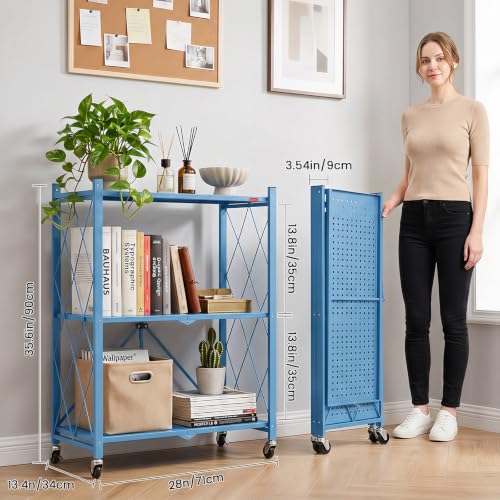 Image of DEANIC 3 Tier Foldable Storage Shelves with Wheels, Kitchen Appliance Stand, Freestanding Metal Wire Shelf Rack, No Assembly Organizer Rolling Cart for Garage, Basement, Pantry(Blue)