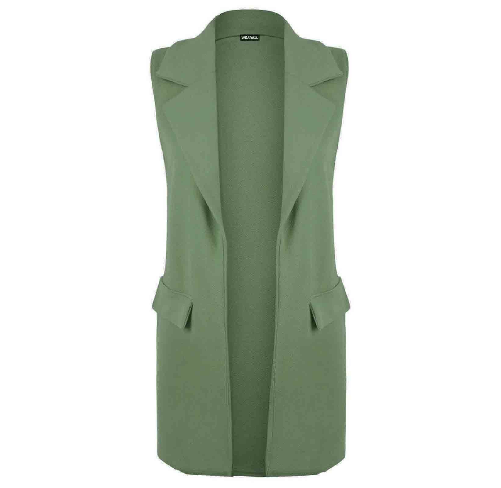 New Womens Ladies Front Open Sleeveless Long Duster Coat Waistcoat Blazer Plus Size (UK 14, Khaki)