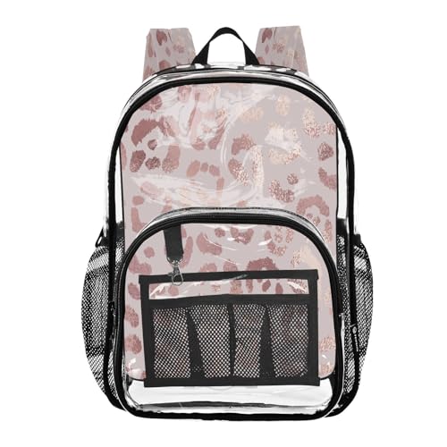 Clear Backpack Transparent School Backpack Heavy Duty PVC Bookbag Leopard Print Cheetah Rose Gold for Stadium Events and Concert Work Sport Event Heavy Duty
