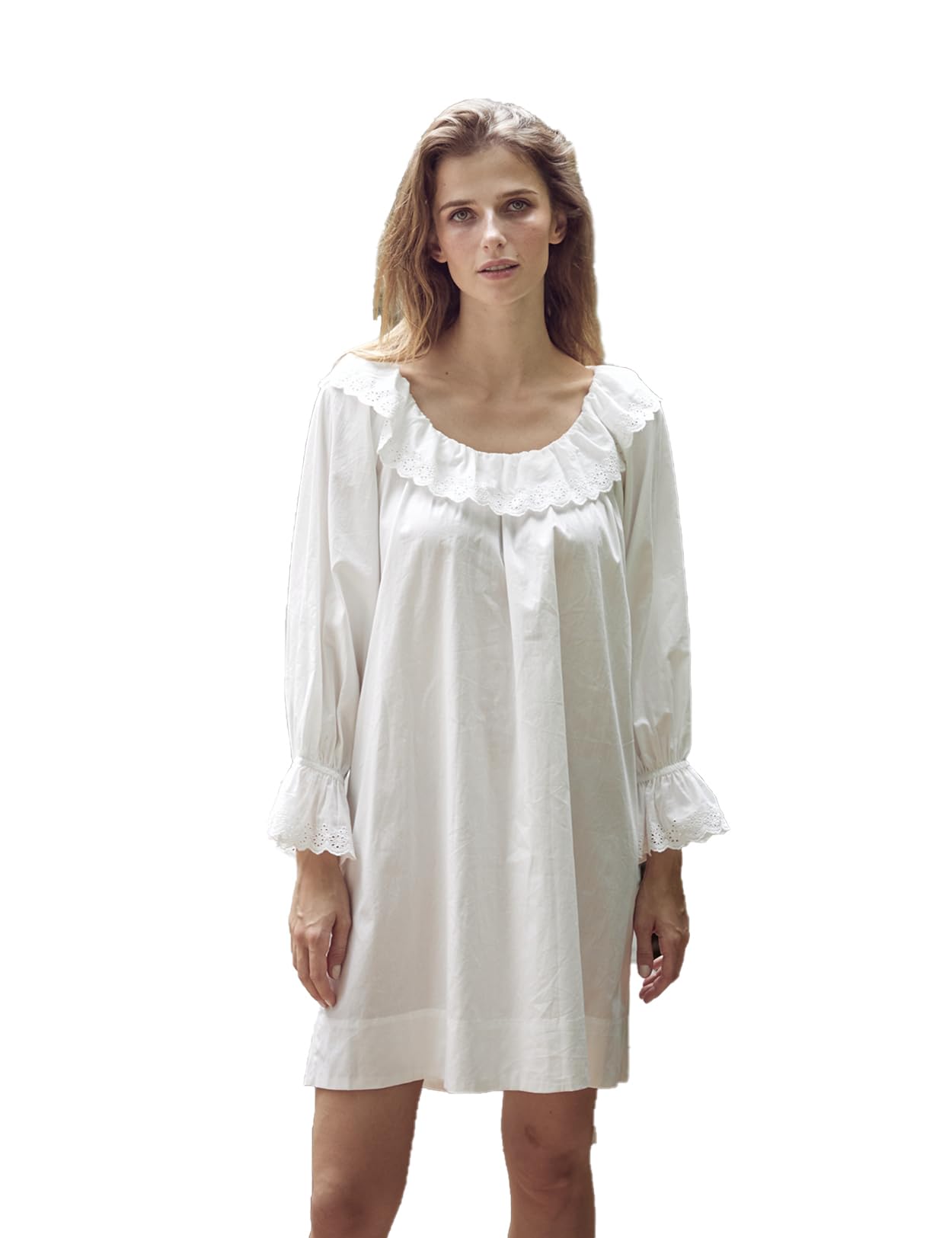 BEAUTELICATE Camisón de Algodón Victoriano Manga Larga Vintage Nightgown con Puños de Encaje y Cuello de Volantes Blanco