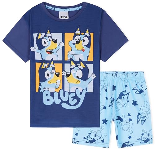Bluey Pijama Niña Pijama de Manga Corta Niña Niño Conjunto 2 Piezas Camiseta y Pantalon Corto Pijama Corto Niña Ropa de Verano para Niños Algodón 2 6 Años Oficial (Azul Marino/Azul, 3 4 Años)