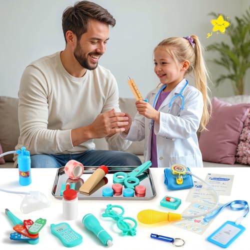 Perbabe Arztkoffer Kinder ab 3 Jahre - 39-teiliges Holzspielzeug Doktorkoffer Mit Echtem Stethoskop Role Play Arztkittel Spielzeug 3 Jahre mit Thermometer Tragbarem Beutel Geschenk für ab 3 4 5 6