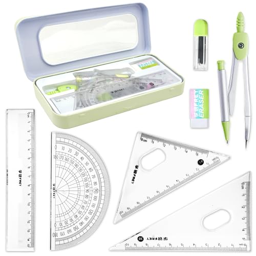KatchOn, Geometry Set for Students - 8 Pieces | Metal Compass, Protractor, Eraser, Triangle Ruler, Lead Refills and Metal Box | Protractor and Compass Set | Back to School Supplies | Class Supplies