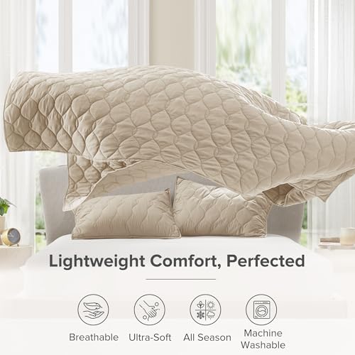 Comfort Spaces Queen Quilt Set Modern Reversible Ogee Coverlet Queen Bedding Set Cozy Quilted Winter Layer, All Season Lightweight Soft Queen Size Quilt, Kienna, Full/Queen Beige 3 Piece
