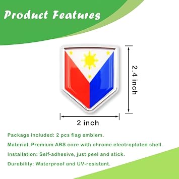 Newperlite Philippines Flag Decal Sticker Car Emblem Filipino Flag Car Decoration Accessories Chrome Shield for Truck Vehicles Cars, 2 Pack