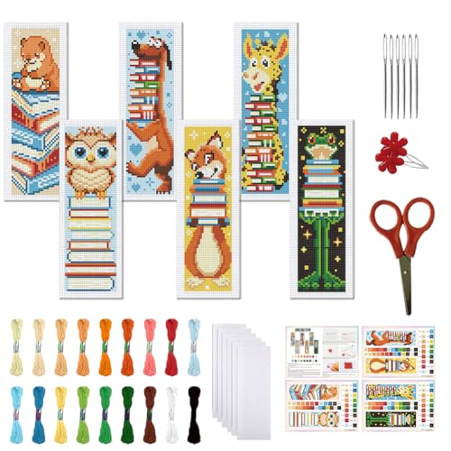 Image of FREEBLOSS 6 Set Cross Stitch Bookmark Kit 11 CT Stamped Cross Stitch Kit DIY Embroidery Bookmark Kits for Adult Beginners with Instructions, Animal Books, 6 x 20 cm /8 inch x 2.4 inch
