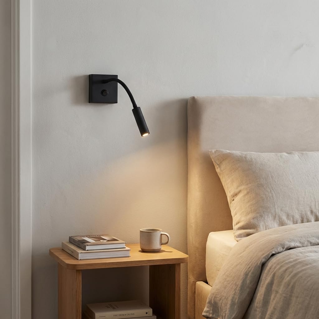 BARCELONA LED Wandlampe LED Schwarz für Lesen "Hale" 3W, Warmweiß 2800K, Flexibler Verstellbarer Arm, Moderner Minimalistischer und Klassischer Stil, Lesekomfort, Schlafzimmer, Treppen, Restaurant