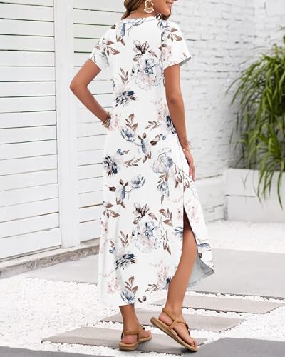 MISFAY Women's Summer Casual Maxi Dress 2025 Short Sleeves V Neck Loose Sundress Split Long Beach T Shirt Dress Vacation Outfits(Flower White,M) - Image 3