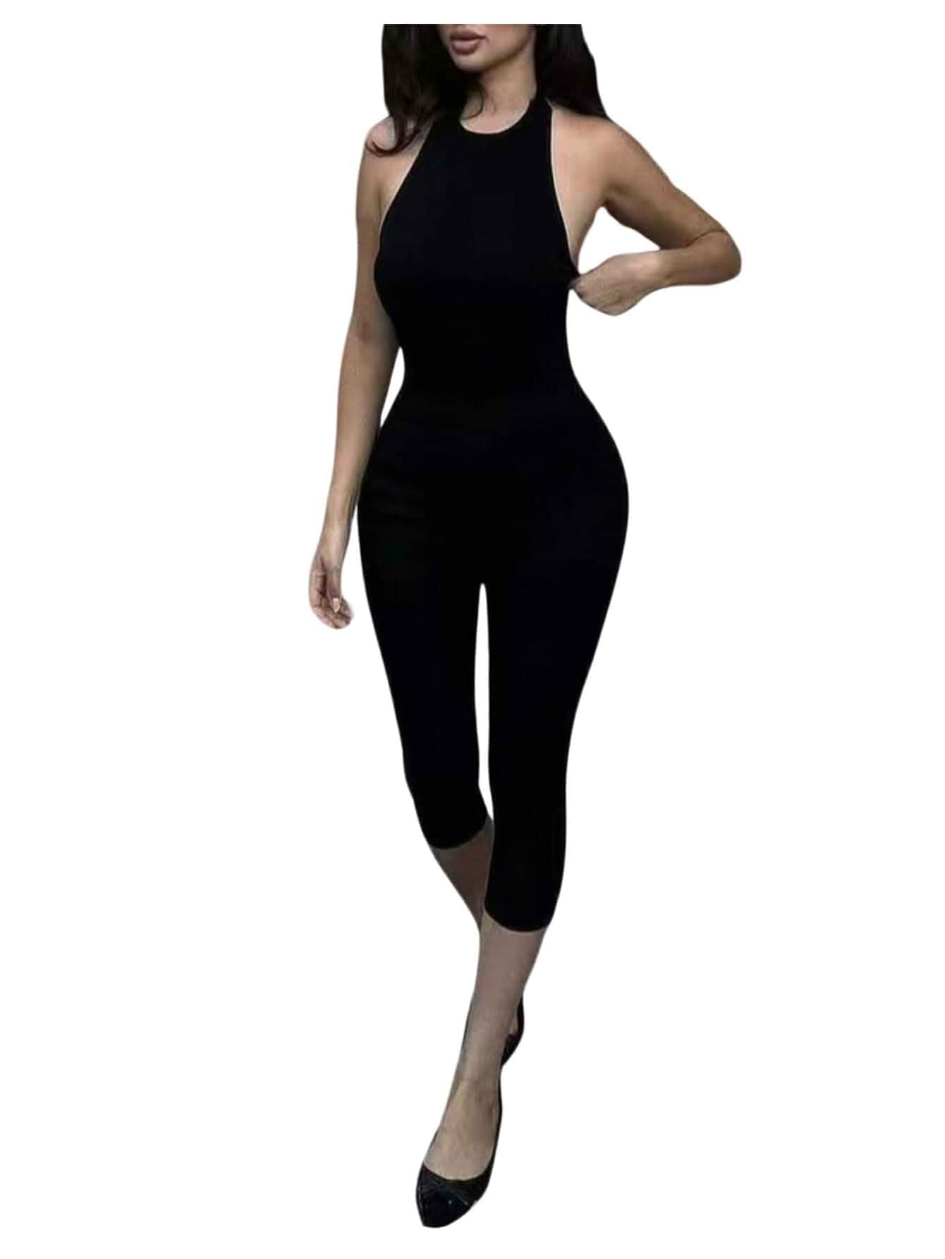 Verdusa Women's Capri Jumpsuits Open Back One Piece Halter Pants Rompers