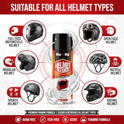 Image of Roxila Quick-Dry Helmet Cleaner Spray, 400 ml, Anti-Bacterial Foaming Formula | Deep Cleaning & Odor Removal | Safe for Skin & Hair | Prolongs Helmet Lifespan | Fresh Fragrance