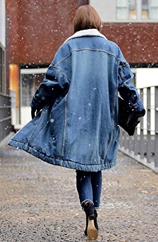 Chartou Women's Thick Fleece Lined Button Down Mid Long Quilted Denim Jacket Overcoat (Medium,Blue) #TOP5