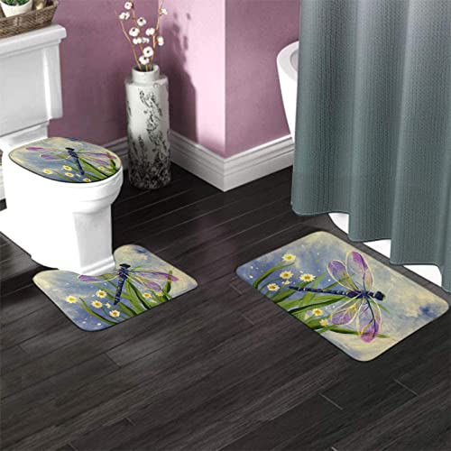 Badezimmerteppich-Set, 3-teilig, Wasserfarben, Libelle, Gänseblümchen, Blumenmuster, waschbare Badteppiche, rutschfest, mit Rückenpolster, Konturteppich und Toilettendeckelbezug – Bild 4