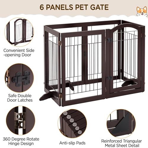 Image of Yaheetech 32 inchH 6-Panel Extra Wide Freestanding Dog Gate For Stairs Doorways | Sturdy Construction, Durable Support Feet, Tool-Free Setup, Fold Flat Barrier Ideal for Small /Medium Dogs, Espresso